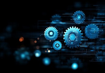 Poster - Futuristic blue gears with digital effects symbolize efficiency and innovation in technology. Perfect illustration for automation, machinery, and industrial progress themes.
