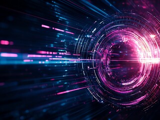 Poster - Abstract representation of technology with vibrant blue and pink lights creating a dynamic circular pattern, symbolizing speed, innovation, and futuristic concepts.