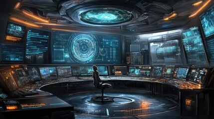 Poster - A futuristic digital control room overseeing fully autonomous industrial production lines.