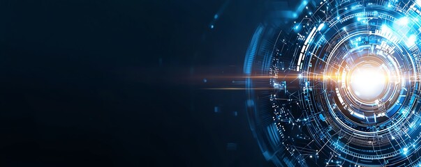 Poster - Futuristic digital background featuring abstract circular patterns and glowing light effects, perfect for tech, innovation, and modern design themes.