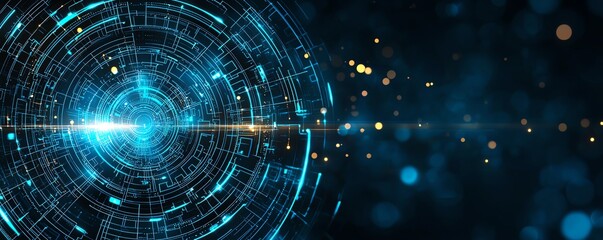 Aufkleber - A stunning digital abstract illustration showcasing concentric circles and luminous particles, representing modern technology and advanced data processing in a vibrant blue color s