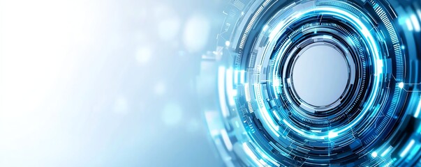 Poster - A futuristic blue abstract digital background featuring concentric circles and light patterns, symbolizing innovation and advanced technology. Perfect for tech-related projects.
