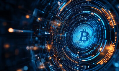 Poster - Abstract digital background featuring a blue circular design with a prominent Bitcoin symbol, symbolizing cryptocurrency and blockchain technology in a futuristic environment.