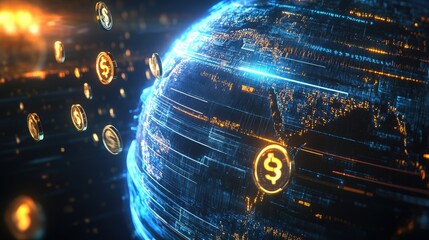 Poster - A futuristic finance concept with a divided blue and yellow world globe, glowing currency signs, and floating coins.
