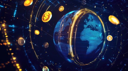 Poster - A futuristic finance concept with a divided blue and yellow world globe, glowing currency signs, and floating coins.