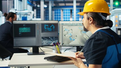 Poster - Solar panels plant engineer reading paperwork documents to learn how to harness sun power. Photovoltaics factory staff member looking over documentation files to improve efficiency, camera A