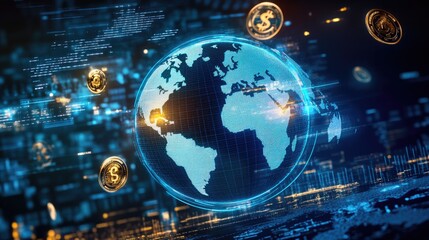Poster - A futuristic finance concept with a divided blue and yellow world globe, glowing currency signs, and floating coins.