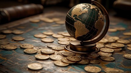 Poster - A futuristic finance theme showing a close-up of a world globe resting on a digital trade map with crypto coins.