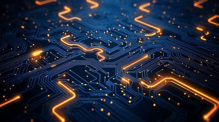 Poster - A vibrant close-up of a circuit board featuring complex patterns of interconnected lines with glowing orange elements, symbolizing advancements in technology and digital innovation
