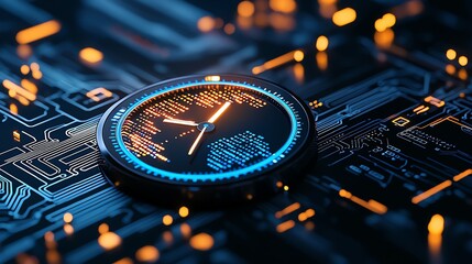 Poster - A close-up view of a futuristic clock design on a circuit board, showcasing intricate patterns and glowing elements. This image symbolizes the intersection of time and technology.
