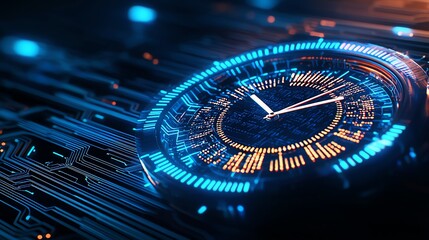 Poster - A futuristic digital clock displaying time and data on a sleek circuit board
