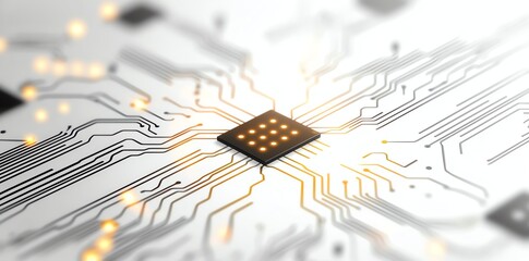 Poster - A close-up view of a microchip on a circuit board, showcasing intricate patterns and connections that represent modern technology and innovation in electronic devices.