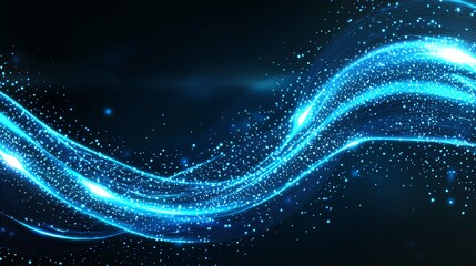 Poster - A mesmerizing wave of blue light particles gracefully flows across the dark background, creating a sense of motion and tranquility. Ideal for digital art and technology themes.