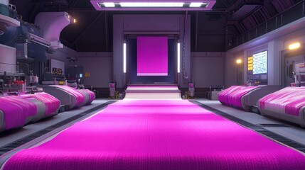 Poster - A futuristic robotic textile factory producing high-tech synthetic fabrics with automation.
