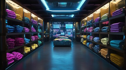 Poster - A futuristic robotic textile factory producing high-tech synthetic fabrics with automation.