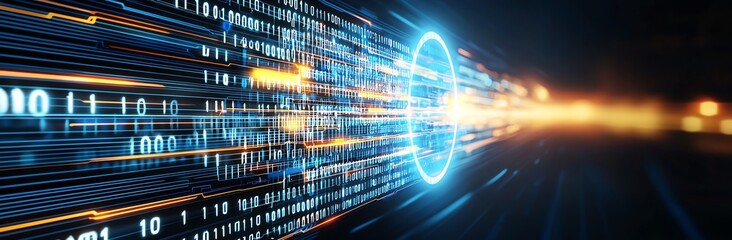 Aufkleber - Dynamic visualization of digital data flow, symbolizing the speed and connectivity of modern technology. The vibrant lights and binary codes represent innovation and communication.