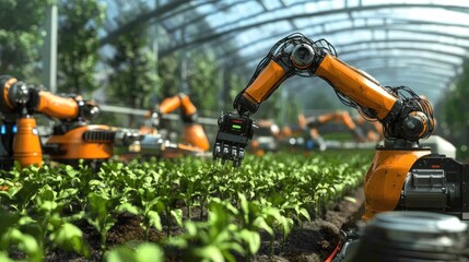 Poster - A futuristic smart farm with automated robotic arms harvesting crops, symbolizing precision agriculture and AI-driven farming.