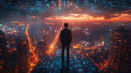 Poster - A businessman explores the dynamic streets of a network city in the future