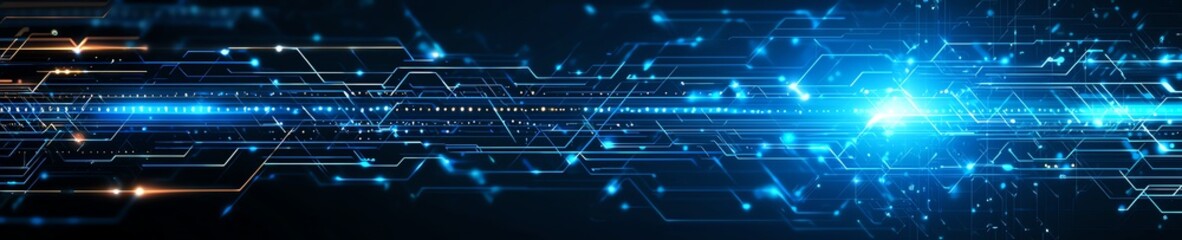 Poster - A captivating abstract digital illustration showcasing vibrant blue light beams and intricate patterns, symbolizing data transmission and advanced technology in a modern landscape.