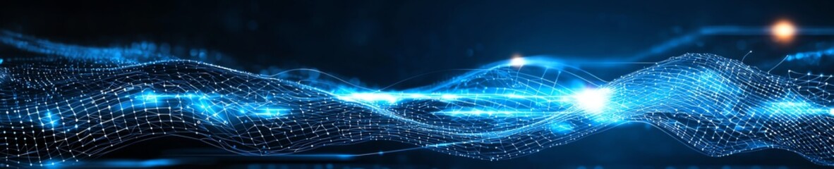 Poster - an abstract digital landscape with glowing blue lines and dots representing data flow and connectivi