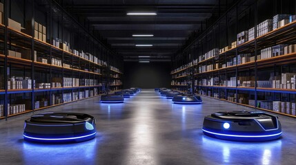 Poster - A futuristic warehouse with AI-powered robotic logistics handling and sorting packages.