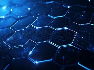 Poster - Futuristic hexagonal pattern with glowing blue elements, creating a digital texture ideal for backgrounds, tech-themed projects, and innovative designs.