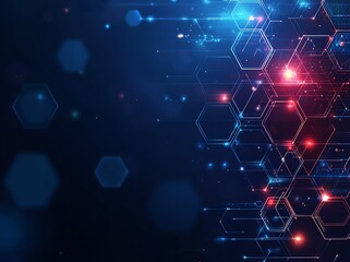 Poster - A vibrant abstract background showcasing interconnected hexagons with glowing lights in blue and red tones, representing modern technology and digital innovation.