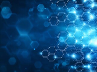 Poster - A vibrant abstract background featuring glowing hexagons and blue light effects, ideal for tech presentations or digital designs