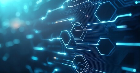 Poster - A close-up view of an abstract digital circuit design, showcasing glowing blue lines and interconnected hexagonal shapes
