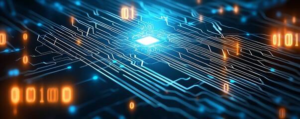 Aufkleber - A vibrant digital circuit board illuminated with blue and orange lights, showcasing connections and binary code