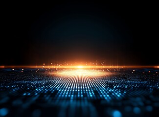 Poster - A stunning visual of a digital landscape featuring illuminated dots converging towards a glowing horizon. This image represents the future of technology and digital innovation.