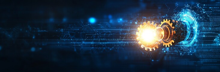 Aufkleber - A close-up view of gears and glowing light against a dark blue background, symbolizing innovation and technological advancement. Perfect for depicting a futuristic concept.