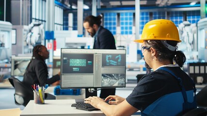 Poster - photovoltaics factory specialist planning adjustments on facility floor in cad program on pc. solar 