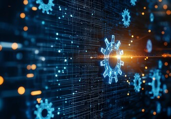 Aufkleber - Futuristic digital background featuring glowing gears and circuitry. Perfect for illustrating concepts of innovation, automation, and advanced technology in various applications.
