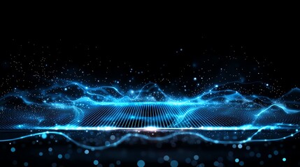 Aufkleber - a mesmerizing visual representation of blue glowing waves and particles on a black background, symbo