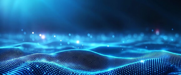 Poster - A stunning digital representation of flowing waves and particles in a vibrant blue tone, creating a futuristic atmosphere. Ideal for tech-related projects or digital art.