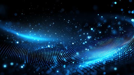 Poster - A stunning abstract background featuring flowing blue waves with luminous particles. Ideal for technology themes, digital art, and futuristic designs, creating a sense of depth.