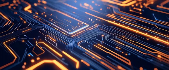 Poster - this captivating image showcases an intricate circuit board design, illuminated by vibrant orange an