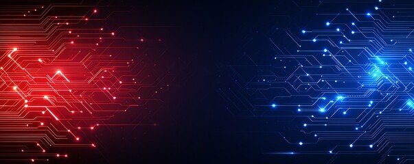 Poster - A vibrant and dynamic digital background featuring red and blue circuit patterns against a dark backdrop, symbolizing the interconnectedness of technology and modern communication.