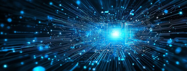 Aufkleber - A futuristic digital background showcasing radiant blue lights and beams, symbolizing the concept of data transmission and advanced technology. Ideal for tech-related themes.