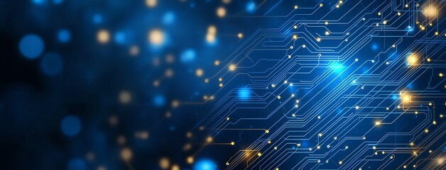 Aufkleber - Close-up of a modern circuit board with vibrant blue and gold lights. The intricate patterns create a digital landscape, symbolizing innovation and technological advancement.