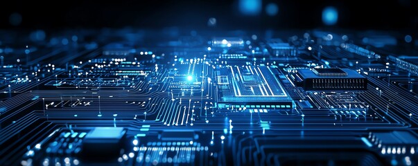 Poster - A close-up view of a modern electronic circuit board, showcasing intricate details and glowing elements. This image represents advancements in technology and innovation.