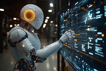 Poster - A man in a suit and tie is standing next to a robot in front of a monitor. The robot, featured in white with a blue face, is addressing the man