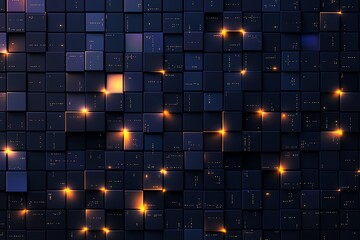 Poster - A mesmerizing abstract background of dark cubes interspersed with glowing lights. This image evokes a sense of depth and intrigue, perfect for tech and design projects.