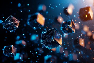 Poster - Abstract digital floating cubes illuminated by light particles, creating a mesmerizing visual effect of depth and innovation