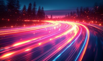 Poster - Curved neon light streaks convey dynamic motion