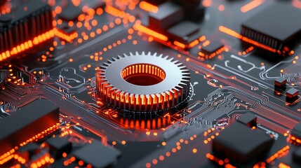 Aufkleber - A close-up view of a modern circuit board illuminated with vibrant orange lights, showcasing intricate details of technology and electronic components, perfect for tech-related pro