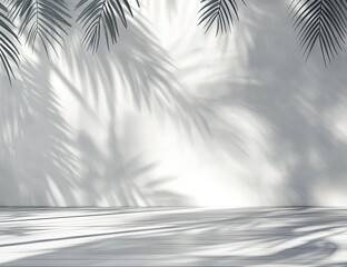 empty light grey space with palm leaf shadows