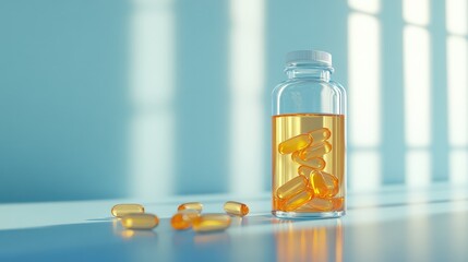 Poster - An open bottle of fish oil, with several capsules placed next to it, creating a clean and modern composition with plenty of space for text or graphics.
