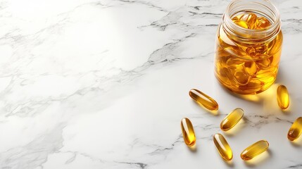 Poster - An open bottle of fish oil, with several capsules placed next to it, creating a clean and modern composition with plenty of space for text or graphics.